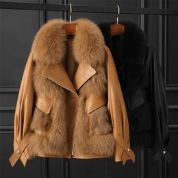 Women's winter sheepskin coat female leisure fashion splicing sheep skin large furcollar fur 211220