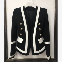 HIGH STREET Fashion Designer Blazer Women's Classic Black White Colour Block Metal Buttons Jacket Outer Wear 210930