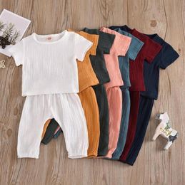 Summer Baby Outfits Linen Cotton Boy Tops Pants 2pcs Sets Solid Colours Girls Suits Boutique Children Clothing DW6495