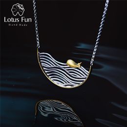 -Lotus Spaß Echt 925 Sterling Silber Handgemachte Designer Fine Schmuck Kreative Schwimmfisch Halskette für Frauen Acessorio Collier 210628