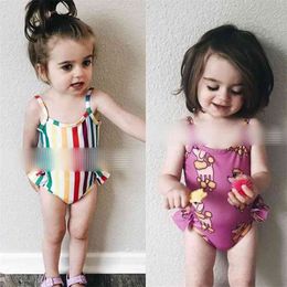 Summer Fashion Rainbow Girl Swimming Suit Kids Hawaii Clothes Lovely Cartoon Print Swimsuits Sling Swim Wear 210619