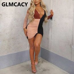 Women Long Sleeve V Neck Cold Shoulder Colorblock Dress Sexy Bodycon Party Club Mini Dresses 210702