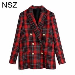 NSZ Women England Style Red Plaid T Blazer Double Breasted Elegant Chic Suit Jacket Checked Ladies Coat Outerwear X0721