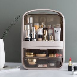 2 drawer plastic storage Canada - Makeup Organizer Transparent Clamshell 2 Drawer Dressing Table Desktop Plastic Cosmetic Box Storage Containers Jewelry Holder Y200111