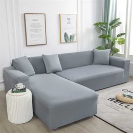 Grey Plain Colour Elastic Stretch Sofa Cover Need Order 2Piece Sofa Cover If L-style fundas sofas con chaise longue Case for Sofa 211102