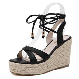 Sandals MAKEGSI Womens Jute-Rope Middle Wedge Heel Summer Shoes Flip Lace Up Dress