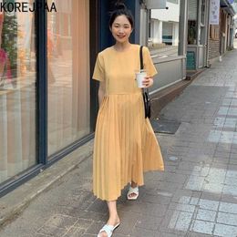 Korejpaa Women Dress Summer Korean Chic Ladies Age-reducing Sweet Round Neck Loose Solid Colour Versatile Pleated Vestidos 210526
