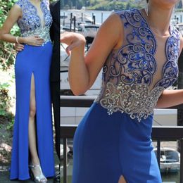 Real Picture Royal Blue Major Beading Prom Dress Sheer Neck Illusion Bodice Side Split Satin Long Formal Gowns Evening Dresses