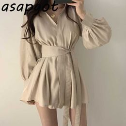 Korean Chic Single Breasted Lapel Long Lantern Sleeve Women Tops and Blouse with Sashes Shirts Wide Legs Shorts 2 Piece Set 210610