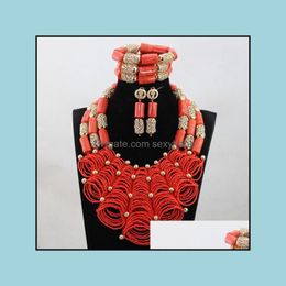 Earrings & Necklace Jewellery Sets Luxury Dubai Gold Chunky Bib Statement Set African Wedding White Beads Bridal Nigerian Beadsabh479 Drop Del