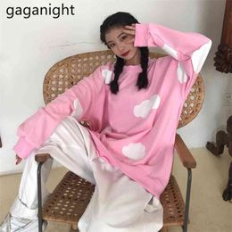 Women Spring Autumn Hoodies O Neck Pink Cloud Print Long Sleeve Sweatershirt Casual Loose BF Style Femme Pullover Tops 210601