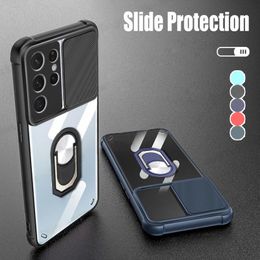 Ring Holder Cases For Samsung A32 A52 A72 A51 A71 A12 S21 Plus S20 FE Shockproof Slide Camera Lens Protection Back Cover