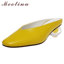 Meotina Pumps Women Genuine Leather High Heels Mules Shoes Square Toe Crystal Strange Style Lady Footwear Summer Yellow Size 40 210608
