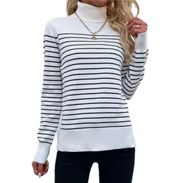 Autumn Winter Fashion Turtleneck Sweater Women Elegant Striped Slim Fit Knitted Pullover Tops Ladies Long Sleeve Vintage Sweater