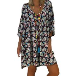 Women Plus Size V-Neck 3/4 Sleeves Loose Flowy T-Shirt Dress Halloween Skull Floral Casual Flared Party Tunic Sundress S-5XL 210303