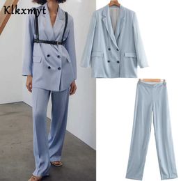 Klkxmyt women two pieces sets england office lady casual blazer jackets double breasted suits pants trousers set 210527