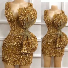 Gold Sequins Prom Dresses Sparkly Straps Sleeveless Pearls Beaded Sheath Sexy Illusion Mini Above Knee Length Custom Made Formal Evening Party Gowns Vestidos 403