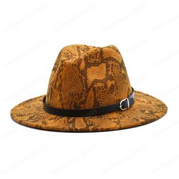 New Snake Print Women Fedoras Felt Wide Brim Hats Woollen Autumn Winter Jazz Caps Men Vintage Panama Cowboy Hat