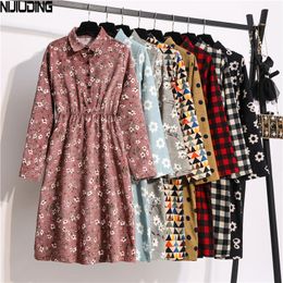 NIJIUDING Autumn Women's Fashion Korean Version of Fresh Print Temperament Lapel Dresses Long Sleeve High Waist Slim Dress 210309