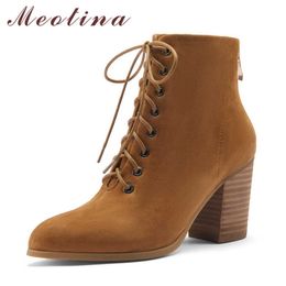 Meotina Real Leather High Heel Ankle Boots Women Boots Zip Thick Heel Shoes Lace Up Pointed Toe Ladies Short Boots Brown Size 40 210608