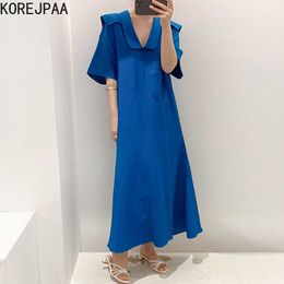 Korejpaa Women Dress Summer Korean Chic Ladies Minimalist Vintage Navy Collar Design Loose Casual Solid Colour Vestidos 210526