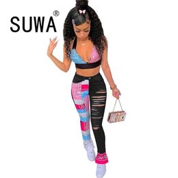 Tie Dye Summer Two Piece Outfits For Women Sets Arrival Bra Top And High Waist Skinny Jogger Pants Tracksuit 210525
