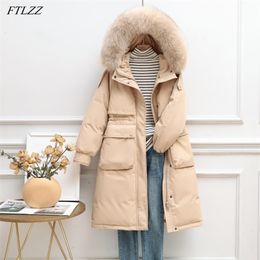 FTLZZ Winter Women Down Long Jacket Large Natural Fur Collar Hooded Coat 90% White Duck Parkes Thickn Snow Warm Outwear 211216