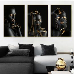Canvas Print Black Woman With Golden Finger And Lips Oil Painting African Women Poster Home Decor Canvas Wall Art Pictures Mural