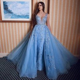 Luxury Sky Blue Mermaid Evening Dresses With Detachable Train Overskirt Beaded Appliques Custom Made Tulle Formal Prom Dress Robe De Soiree