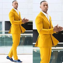 Yellow Soild Men's Suits Groom Wedding Tuxedos for Prom Party Dinner 2 Pieces Double Breasted Jacket with Pants New Arrival X0909