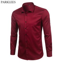 Brand Wine Red Bamboo Fiber Mens Dress Shirts Slim Fit Long Sleeve Chemise Homme Casual Button Down Elastic Formal Male Shirt 210708