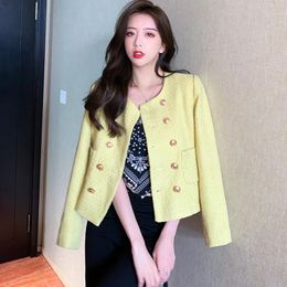 Women's Jackets High Quality Yellow Tweed Jacket Autumn Long Sleeve Coat Double Breasted Gold Buttons Women Outweaer Female Winter