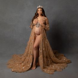2022 Gold Pregnant Women's Prom Dress Maternity Sequins Long Sleeve Robes for Photo Shoot or baby shower Luxury Plus Size Gowns