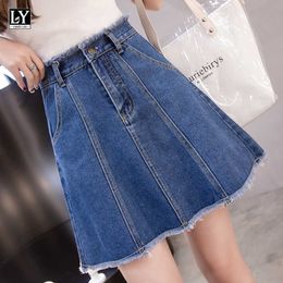 LY VAREY LIN Spring Summer Women A Line Denim Mini Skirts Casual Loose High Waist Button Blue female 210526