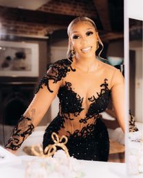 2022 Plus Size Arabic Aso Ebi Black Mermaid Sparkly Prom Dresses Lace Beaded Sexy Evening Formal Party Second Reception Birthday E327q