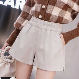 6 Solid Colour Elastic Waist High Fall Pu Leather Shorts Women Wide Leg Biker Plus Size Femme Casual Ladies Pocket 210615