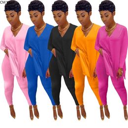 CM.YAYA Fashion Solid Women Two Piece Set Split Side V-neck Tops Jogger Sweatpants Suit Tracksuit Matching Fitness Outfits 211105