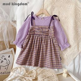 Mudkingdom Girls Plaid Dress Patchwork Solid Long Puff Sleeve Crew Neck Princess Dresses for Little Girl Casual Autumn Clothing Q0716
