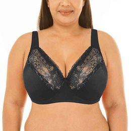 Women Padded Lace Bras Underwire Full Coverage Sheer Supportive Lace Bra Top Plus Size 40 42 44 48 50 52 DD DDD E F G Cup 210728