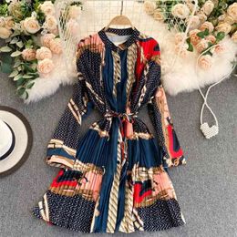 Feminine Ins Pressure Pleats Retro Print Shirt Dress Women Fashion Round Neck Long Sleeve Elegant Harajuku Vestidos Q142 210527