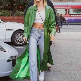 Lautaro Autumn Long Green Leather Trench Coat for Women Sleeve Sashes Single Breasted Maxi Overcoat Streetwear 210916