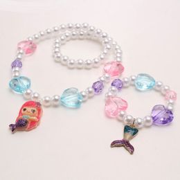 Fashion Girls Princess Mermaid Pendant Necklace Elastic Pearls Beaded Bracelets For Baby Kids Handmade Jewellery Set Gift