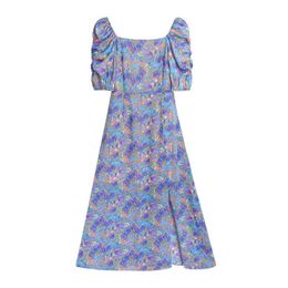 PERHAPS U Floral Print Slash Neck Puff Sleeve Short Sleeve Empire Ruched Knee Length Dress Summer Blue Split D1898 210529