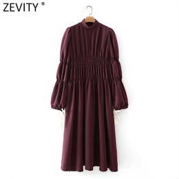 Zevity Women Vintage Stand Collar Solid Elastic Pleats Dress Female Lace Up Lantern Sleeve Casual Split Midi Vestidos DS4656 210603
