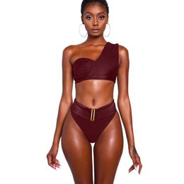 Women's Swimwear Red Bikini Set Summer Sets For Women 2021 Barhing Suits 2 Piece Fashion One Shoulder Sleeveless Crop Top Boho Swimsuit