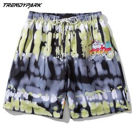 Men's Beach Short Tie-dye Cartoon Printed Summer Hip Hop Oversize Pockets Streetwear Harajuku Drawstrings Casual Board Shorts 210601