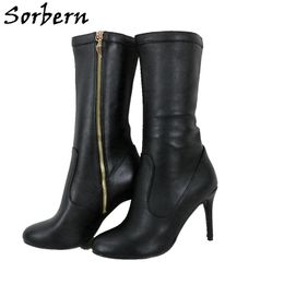 Sorbern Pointed Toe Boots Black Mid Calf Boots Women High Heel Shoes Ladies Size 11 Spring Women Shoes Custom Colors