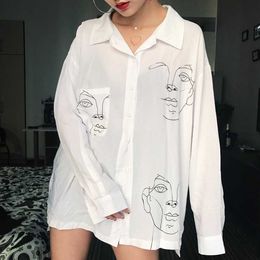 Retro Women Shirts White Shirt Face Print Loose Blouses Cotton Long Sleeve Top Blouse Lady Spring Summer All Match 210524