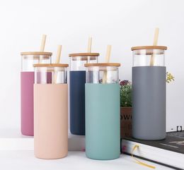 NEW500Ml Glass Water Tea Tumblers Bottles Bamboo Lid Silicone Sleeve Coffee Drinking bottle With Straw RRB12062