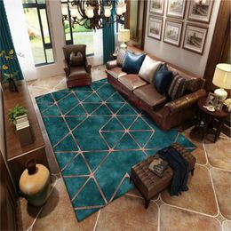 American Style Green Carpet Large Modern Living Room Rug Luxury Carpet Turquoise Colour Golden Geometric Pattern Carpet Rugs 210301